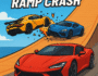 High-speed hyper cars crash mid-air on an extreme stunt ramp with colorful sports cars in action.