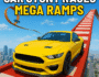 Yellow sports car racing down a mega ramp in Car Stunt Races Mega Ramps with city skyline in the background.
