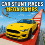 Yellow sports car racing down a mega ramp in Car Stunt Races Mega Ramps with city skyline in the background.