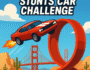 Red muscle car flying off a loop ramp in Stunts Car Challenge, with desert scenery and the Golden Gate Bridge in the background – 3D stunt driving game.