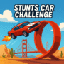 Red muscle car flying off a loop ramp in Stunts Car Challenge, with desert scenery and the Golden Gate Bridge in the background – 3D stunt driving game.