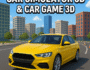 Yellow 3D sports sedan navigating a curved urban road under the bold title ‘Car Simulator 3D & Car Game 3D’ against a modern city skyline, showcasing realistic driving simulation.