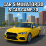 Yellow 3D sports sedan navigating a curved urban road under the bold title ‘Car Simulator 3D & Car Game 3D’ against a modern city skyline, showcasing realistic driving simulation.