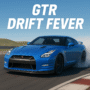 Blue Nissan GT-R drifting around a corner on a racetrack in GTR Drift Fever, leaving smoke trails with a vivid racing background.