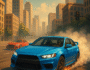 City Drift Racing video game cover art featuring a blue modified sports car drifting through a sunlit urban street skyline with smoke and tire flames, chased by a red sports car under ‘CITY DRIFT RACING’