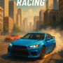 City Drift Racing video game cover art featuring a blue modified sports car drifting through a sunlit urban street skyline with smoke and tire flames, chased by a red sports car under ‘CITY DRIFT RACING’