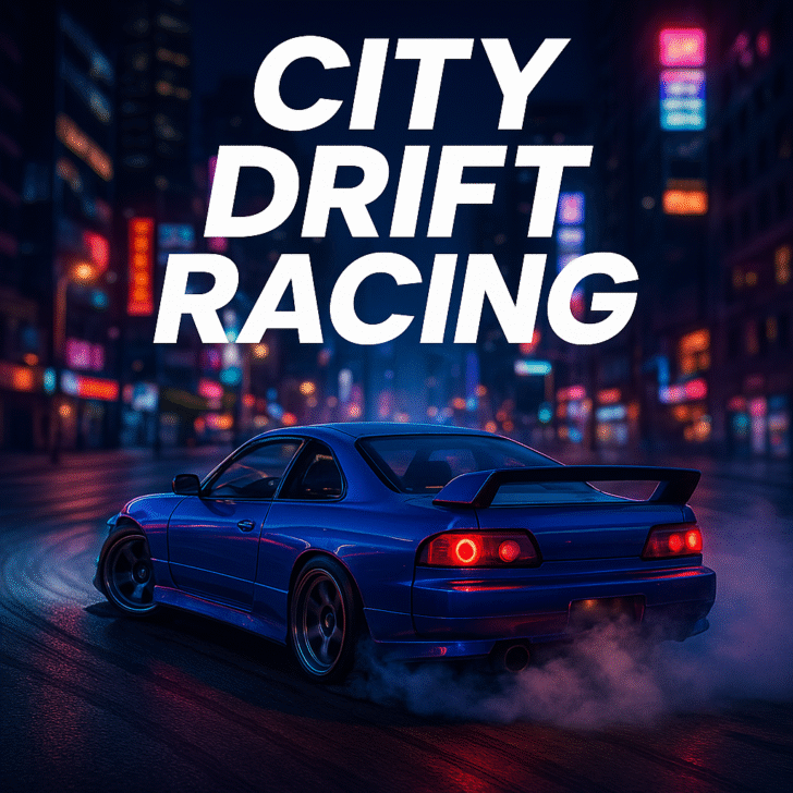 3D-rendered blue sports car drifting through a neon-lit city street at night under the bold ‘City Drift Racing’ title