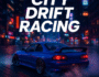 3D-rendered blue sports car drifting through a neon-lit city street at night under the bold ‘City Drift Racing’ title