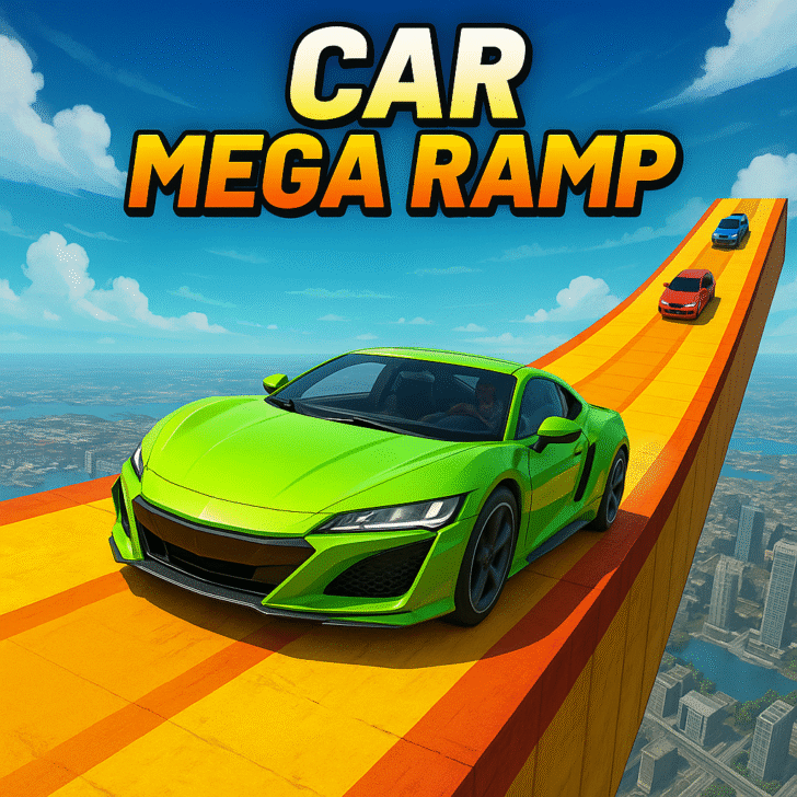Green sports car on an orange mega ramp above a city skyline in a high‑octane Car Mega Ramp stunt racing scene