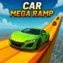 Green sports car on an orange mega ramp above a city skyline in a high‑octane Car Mega Ramp stunt racing scene