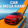 Red sports car racing down a giant orange ramp in Car Mega Ramp with a city and ocean in the background.