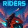 A dynamic scene of three futuristic hoverbikes racing through a neon-lit cyberpunk cityscape at dusk, with glowing skyscrapers and vibrant trails highlighting the high-speed action in the Sky Riders universe.