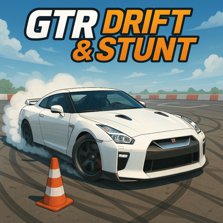 GTR Drift & Stunt high‑speed sports car drifting through a neon‑lit urban circuit with tire smoke billowing