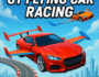 Futuristic flying sports cars racing above a modern city skyline on a high-tech racetrack in the game GT Flying Car Racing.