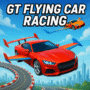Futuristic flying sports cars racing above a modern city skyline on a high-tech racetrack in the game GT Flying Car Racing.
