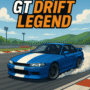 GT Drift Legend blue sports car drifting on racetrack with smoke and mountain background