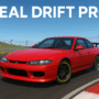 Red sports car drifting on a racing track in Real Drift Pro with tire smoke and sharp cornering action.