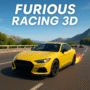Yellow sports car speeding on highway in Furious Racing 3D with nitro flames and mountain background