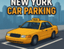 Yellow taxi parked on a New York street in a realistic cityscape — promotional image for New York Car Parking game.