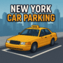 Yellow taxi parked on a New York street in a realistic cityscape — promotional image for New York Car Parking game.
