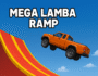 3D illustration of an orange pickup truck jumping off a red and yellow ramp in Mega Lamba Ramp game under a blue sky.