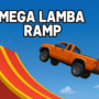 3D illustration of an orange pickup truck jumping off a red and yellow ramp in Mega Lamba Ramp game under a blue sky.