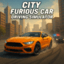 High-speed orange sports car drifting through city streets in a car driving simulator game with police pursuit and skyscrapers in the background.