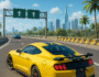 Yellow sports car racing on a highway in Top Speed Racing 3D with city skyline and palm trees in the background.