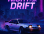 Retro drift car sliding through neon-lit city streets at night in a racing game scene.