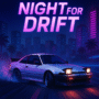 Retro drift car sliding through neon-lit city streets at night in a racing game scene.