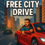 Free City Drive video game cover art showing a man driving a red sports car through a modern city at sunset.