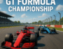 Digital illustration of two high-speed formula race cars on a sunlit racetrack with the bold title ‘GT Formula Championship’ overlay