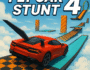 Red sports car with black wings soaring over a floating checkered stunt track above the clouds in the Fly Car Stunt 4 game