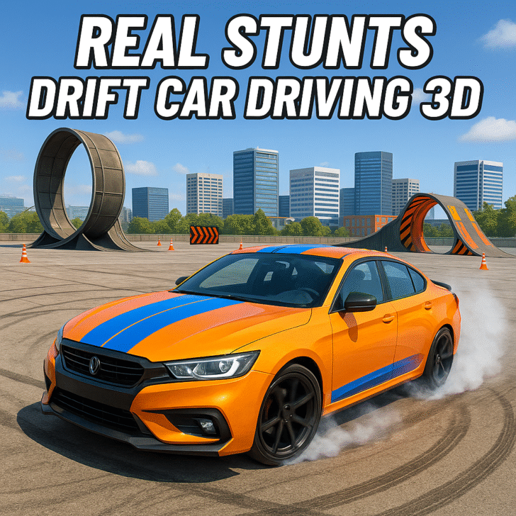 3D-rendered orange and blue drift car sliding sideways on a concrete arena with loop ramps and a city skyline backdrop, showcasing realistic drift physics and smoky tire trails.