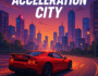 Red sports car speeding through a futuristic cityscape at sunset in Acceleration City racing game.