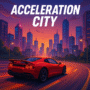 Red sports car speeding through a futuristic cityscape at sunset in Acceleration City racing game.