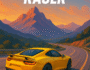 Yellow sports car racing on a mountain highway during sunset in the Pinnacle Racer video game.