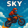 A motocross rider in a red helmet and jacket soaring on an orange dirt bike through a vibrant blue sky with swirling clouds and trailing flames, promoting the “Moto Sky” extreme dirt bike aerial stunts game.