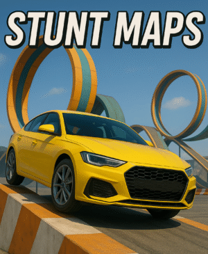 Yellow sports car performing a stunt on an obstacle ramp with colorful loops in the background, from the video game Stunt Maps.