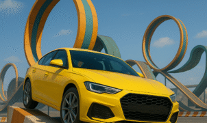 Yellow sports car performing a stunt on an obstacle ramp with colorful loops in the background, from the video game Stunt Maps.