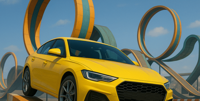 Yellow sports car performing a stunt on an obstacle ramp with colorful loops in the background, from the video game Stunt Maps.