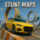 Yellow sports car performing a stunt on an obstacle ramp with colorful loops in the background, from the video game Stunt Maps.