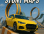 Yellow sports car performing a stunt on an obstacle ramp with colorful loops in the background, from the video game Stunt Maps.