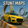 Yellow sports car performing a stunt on an obstacle ramp with colorful loops in the background, from the video game Stunt Maps.