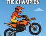 Super MX - The Champion motocross rider performing a high-speed stunt on an off-road dirt track with the game title displayed in bold letters.