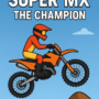 Super MX - The Champion motocross rider performing a high-speed stunt on an off-road dirt track with the game title displayed in bold letters.