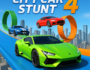 City Car Stunt 4 high-speed racing game featuring futuristic sports cars performing extreme stunts on sky-high tracks above a neon-lit city.