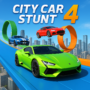 City Car Stunt 4 high-speed racing game featuring futuristic sports cars performing extreme stunts on sky-high tracks above a neon-lit city.