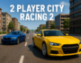 Two sports cars racing through a bustling city in 2 Player City Racing 2, showcasing thrilling multiplayer urban racing action with intense speed and competition.