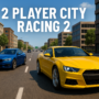 Two sports cars racing through a bustling city in 2 Player City Racing 2, showcasing thrilling multiplayer urban racing action with intense speed and competition.